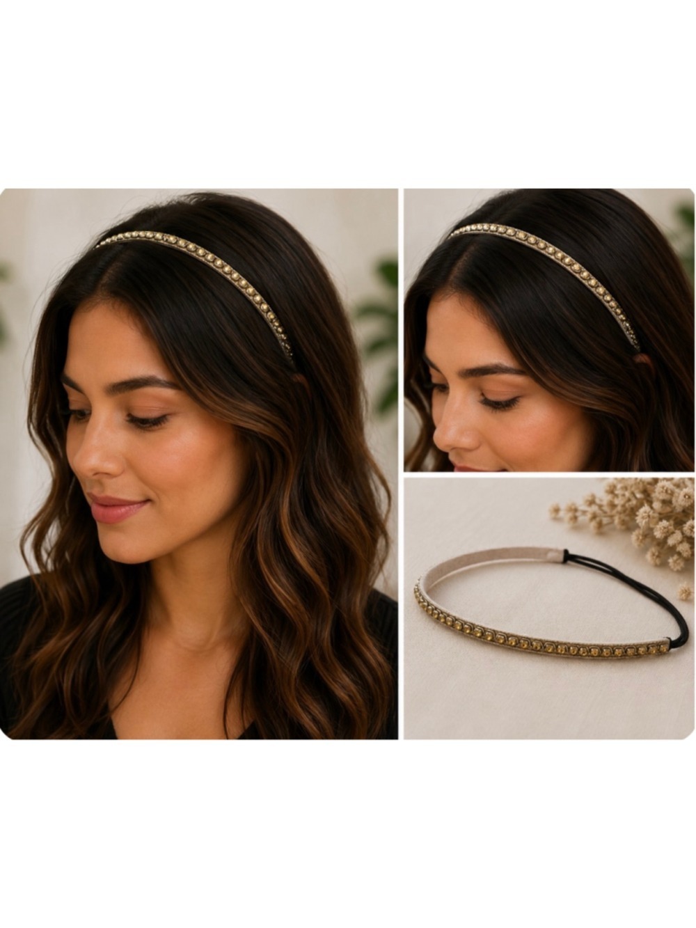 Women's Deepa Gurnani Gold and Beige Crystal Embellished Headband Boho New